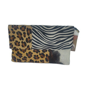 Charlie Leather Clutch/Crossbody/Shoulder Bag-Black/White-Animal Print-MED-NWT